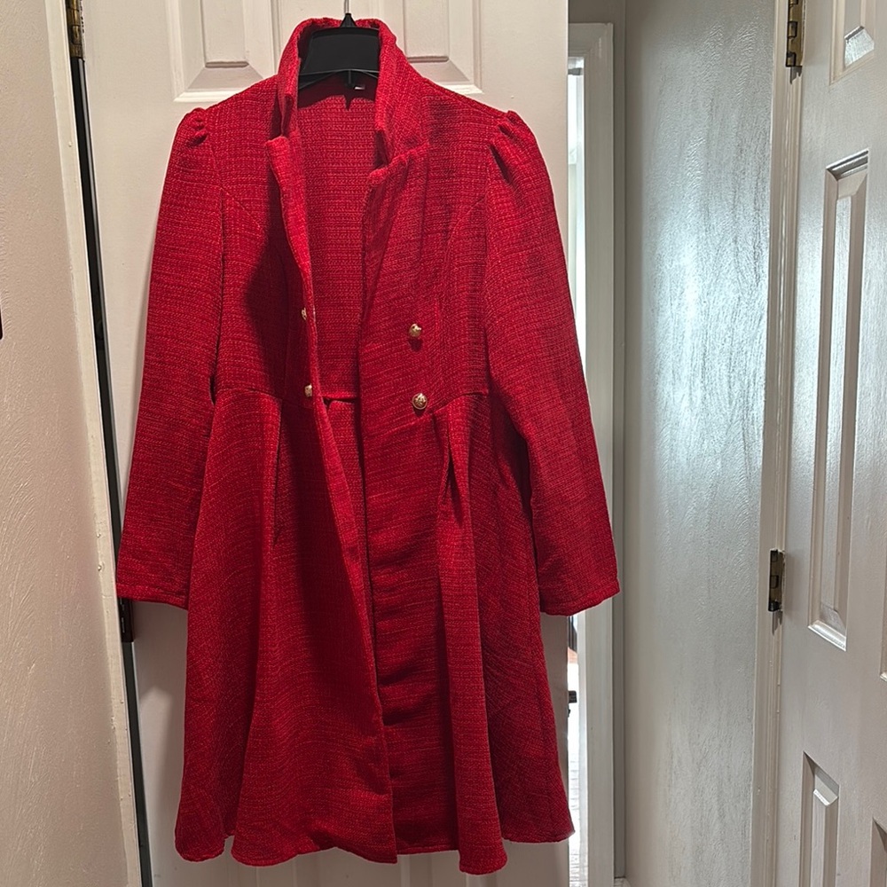 Elegant Red Tweed Baby Doll Women's Coat/Jacket With Gold Buttons